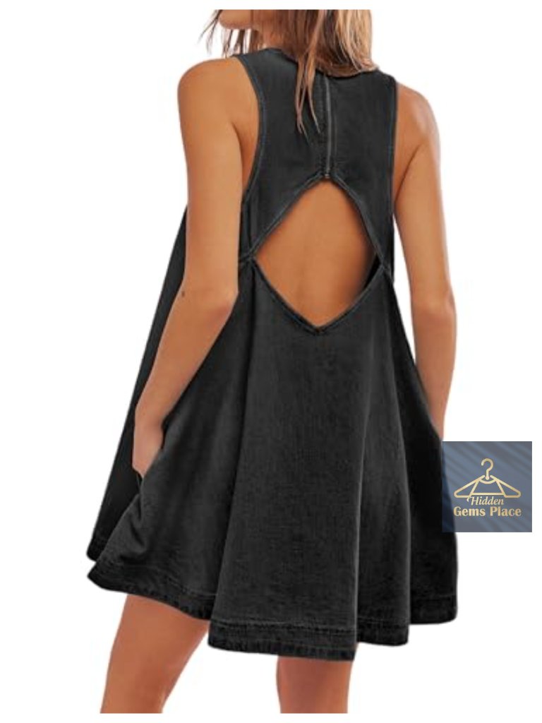 Sleeveless Denim Mini Dress With Pockets And Zipper Back